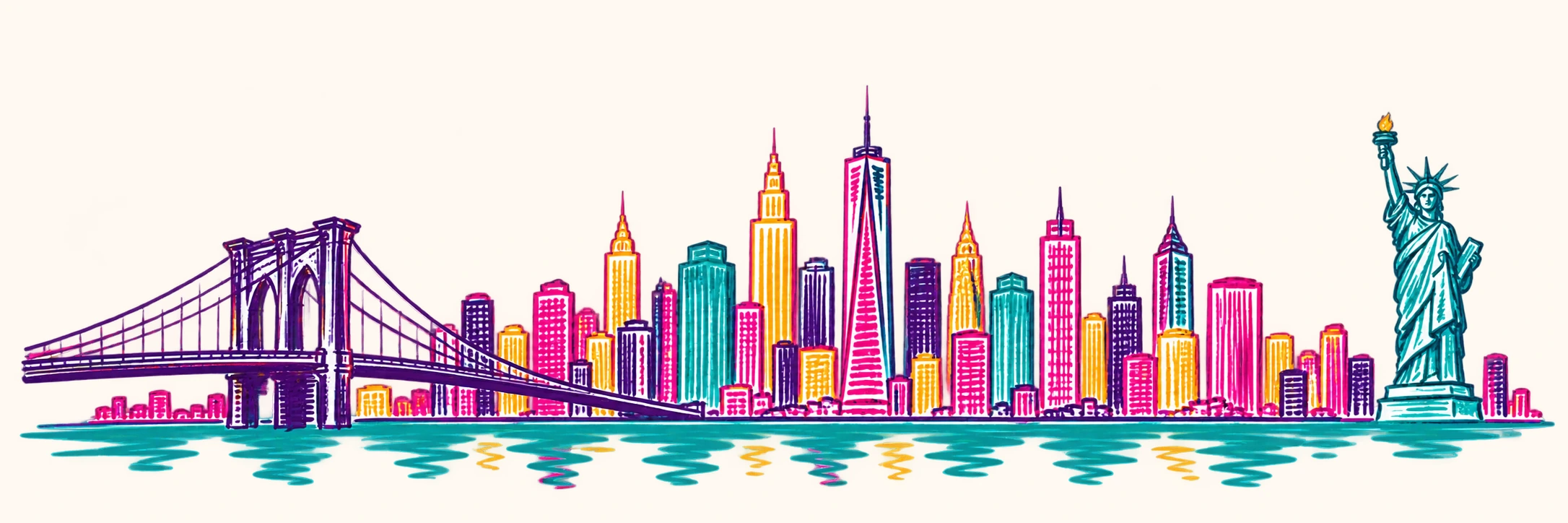 Hand-drawn New York City skyline, Brooklyn Bridge, and Statue of Liberty